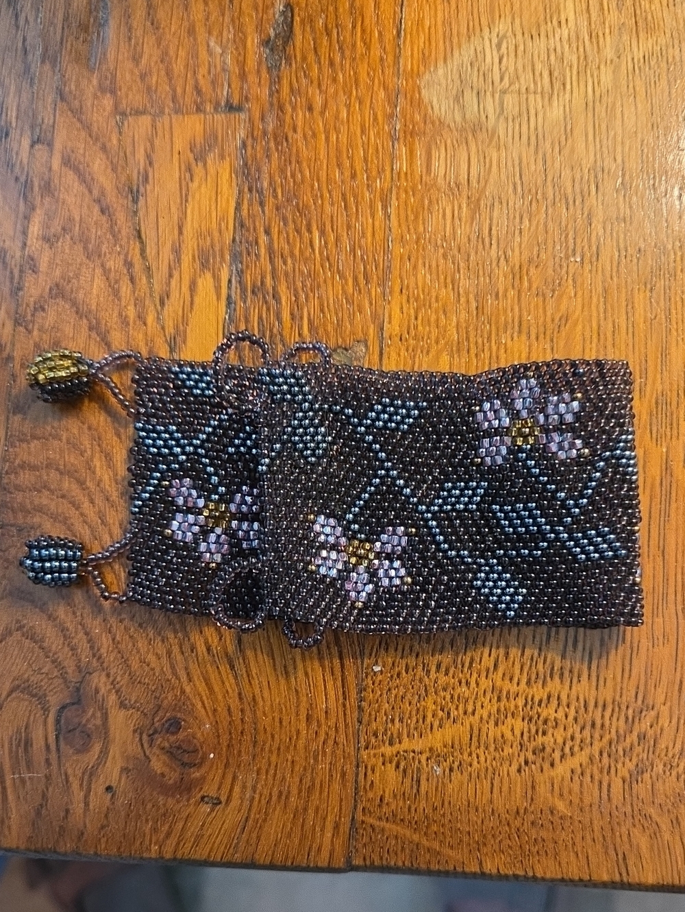 Handmade Beaded Floral Bracelet - Black with Blue & Lavender Flowers